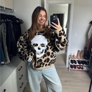 Leopard Print Skull Pullover Sweater - Beige/Black